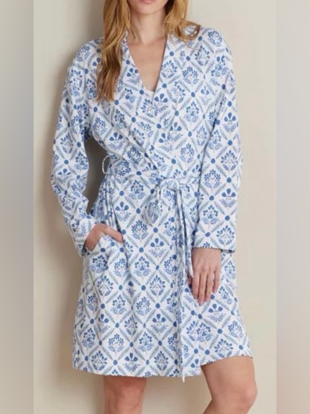 The Company Store Blue Floral Pima Cotton Wrap Robe Size XL EUC
